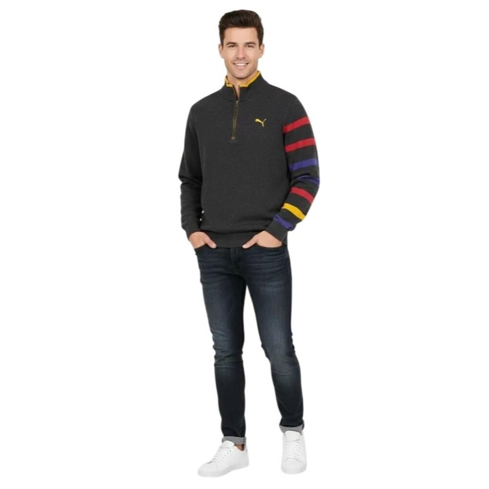 PUMA Men's Gray Striped 1/4 Zip Long Sleeve Mock Neck Golf Sweater Size Small